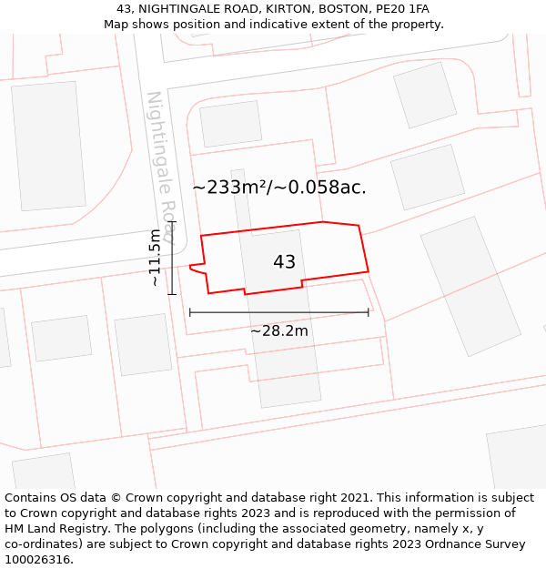 43, NIGHTINGALE ROAD, KIRTON, BOSTON, PE20 1FA: Plot and title map