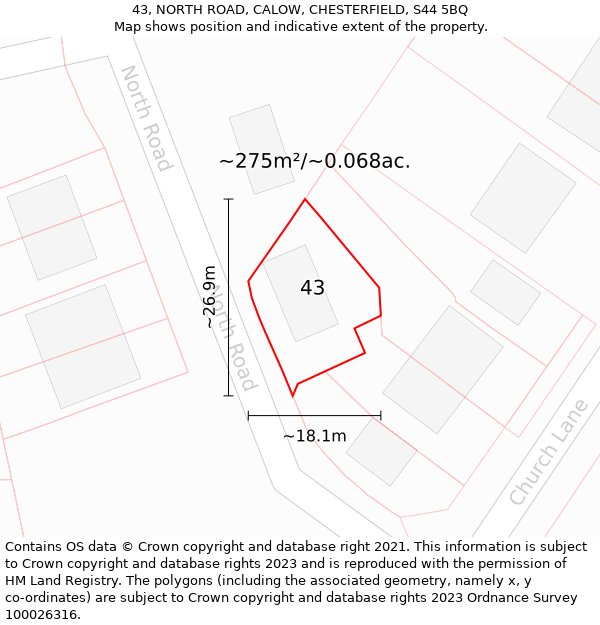 43, NORTH ROAD, CALOW, CHESTERFIELD, S44 5BQ: Plot and title map