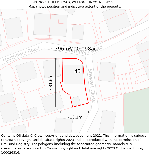 43, NORTHFIELD ROAD, WELTON, LINCOLN, LN2 3FF: Plot and title map