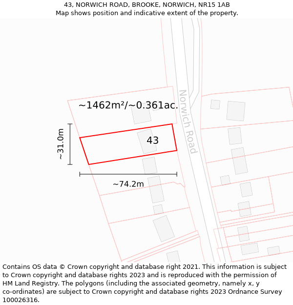 43, NORWICH ROAD, BROOKE, NORWICH, NR15 1AB: Plot and title map