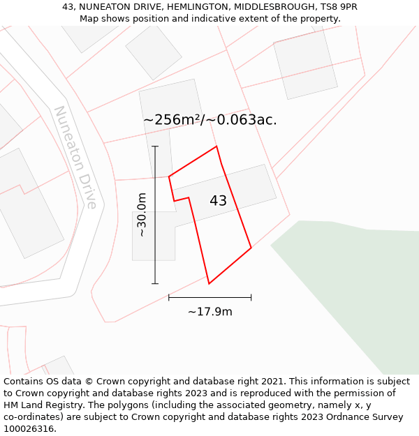 43, NUNEATON DRIVE, HEMLINGTON, MIDDLESBROUGH, TS8 9PR: Plot and title map