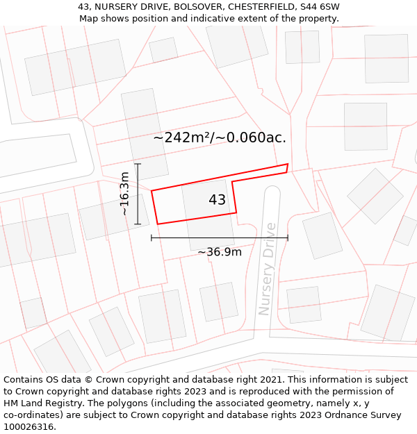 43, NURSERY DRIVE, BOLSOVER, CHESTERFIELD, S44 6SW: Plot and title map