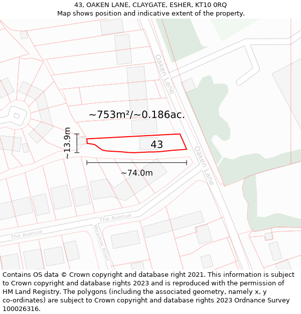 43, OAKEN LANE, CLAYGATE, ESHER, KT10 0RQ: Plot and title map