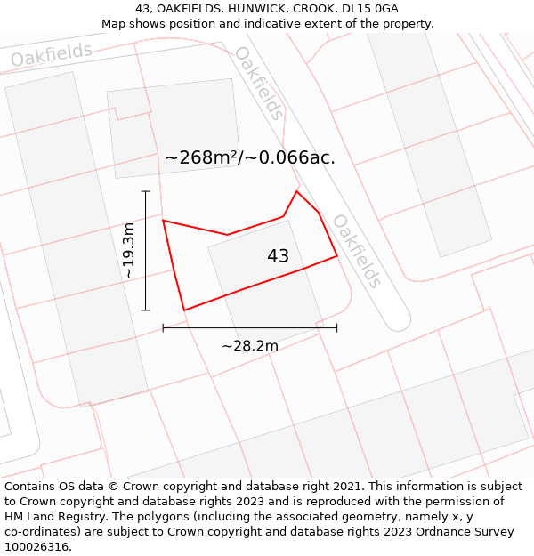 43, OAKFIELDS, HUNWICK, CROOK, DL15 0GA: Plot and title map