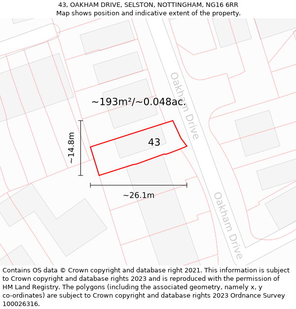 43, OAKHAM DRIVE, SELSTON, NOTTINGHAM, NG16 6RR: Plot and title map