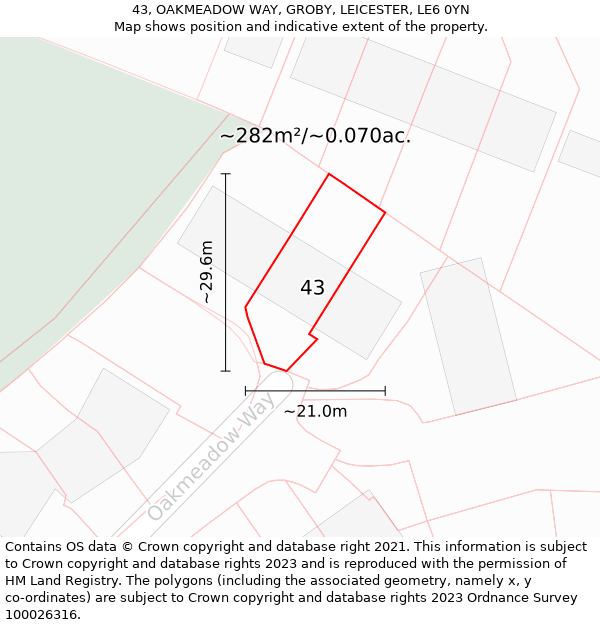 43, OAKMEADOW WAY, GROBY, LEICESTER, LE6 0YN: Plot and title map