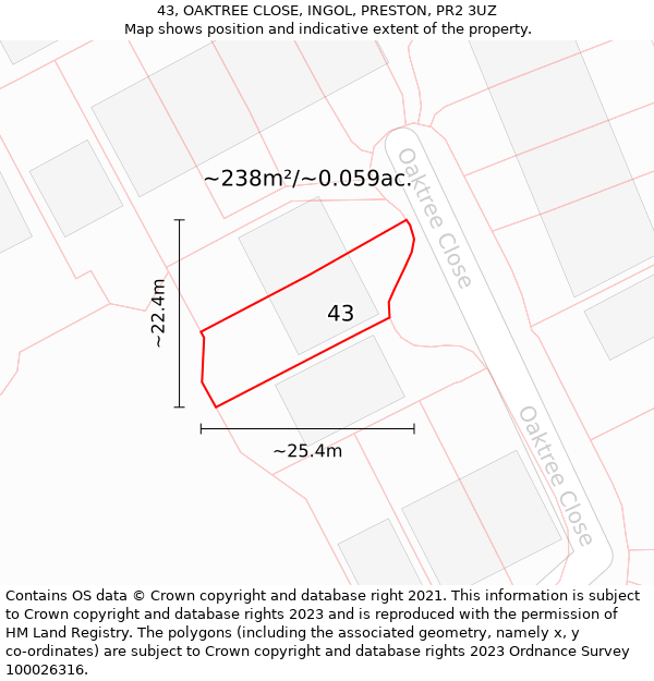 43, OAKTREE CLOSE, INGOL, PRESTON, PR2 3UZ: Plot and title map