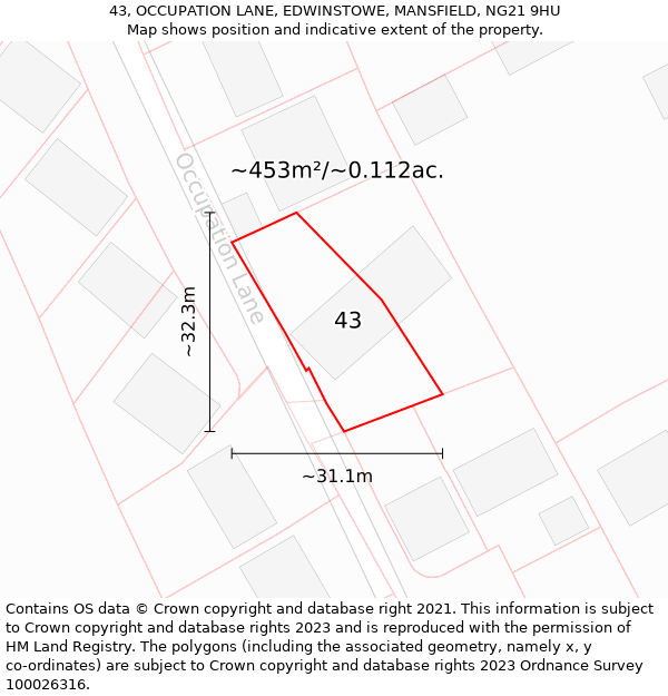 43, OCCUPATION LANE, EDWINSTOWE, MANSFIELD, NG21 9HU: Plot and title map