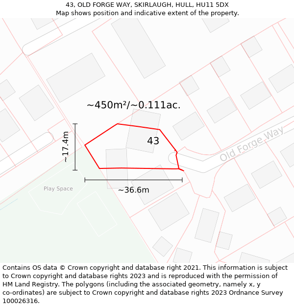 43, OLD FORGE WAY, SKIRLAUGH, HULL, HU11 5DX: Plot and title map