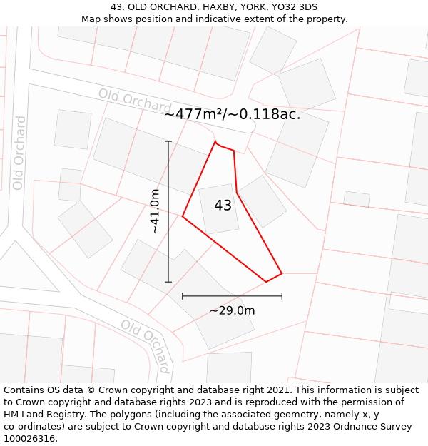 43, OLD ORCHARD, HAXBY, YORK, YO32 3DS: Plot and title map