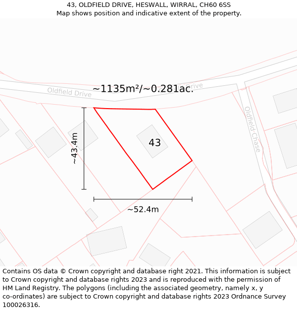 43, OLDFIELD DRIVE, HESWALL, WIRRAL, CH60 6SS: Plot and title map