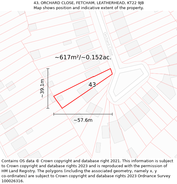 43, ORCHARD CLOSE, FETCHAM, LEATHERHEAD, KT22 9JB: Plot and title map