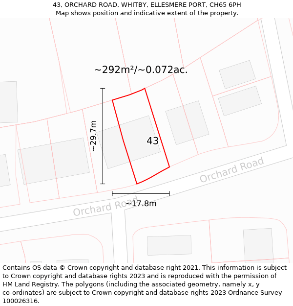 43, ORCHARD ROAD, WHITBY, ELLESMERE PORT, CH65 6PH: Plot and title map