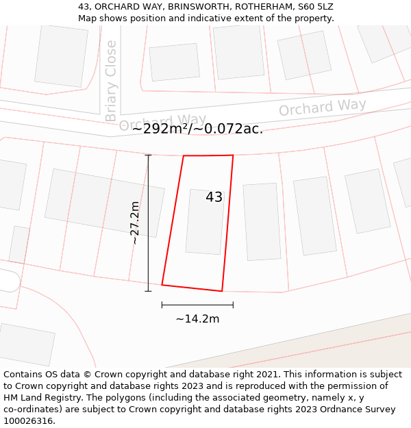 43, ORCHARD WAY, BRINSWORTH, ROTHERHAM, S60 5LZ: Plot and title map