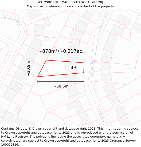 43, OSBORNE ROAD, SOUTHPORT, PR8 2RJ: Plot and title map