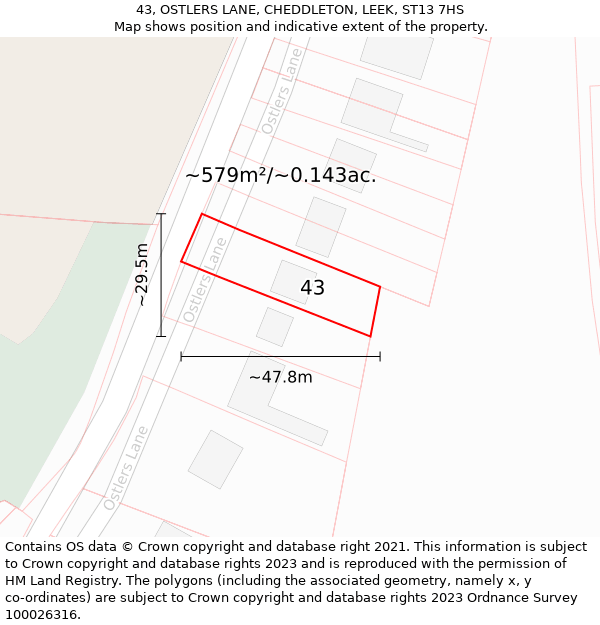 43, OSTLERS LANE, CHEDDLETON, LEEK, ST13 7HS: Plot and title map