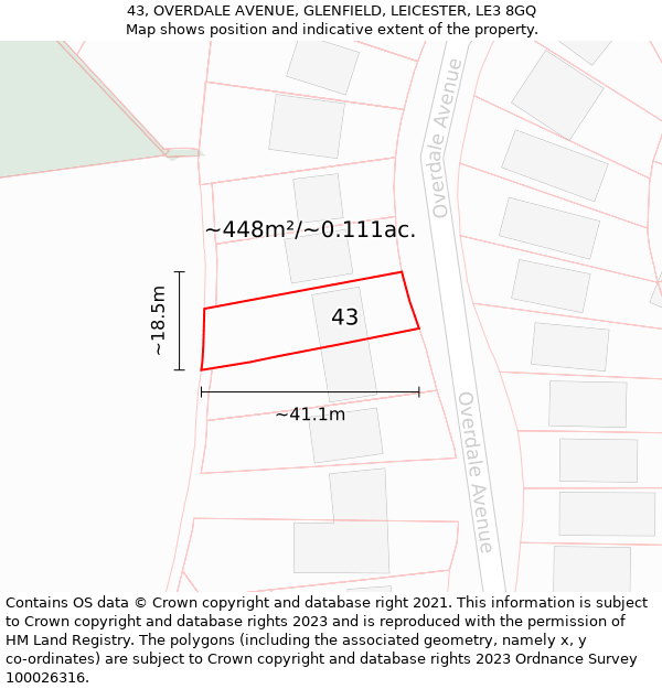 43, OVERDALE AVENUE, GLENFIELD, LEICESTER, LE3 8GQ: Plot and title map