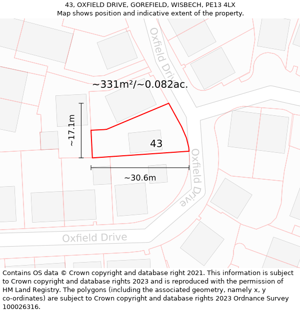 43, OXFIELD DRIVE, GOREFIELD, WISBECH, PE13 4LX: Plot and title map