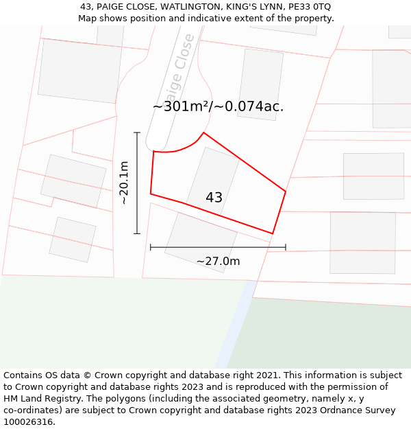 43, PAIGE CLOSE, WATLINGTON, KING'S LYNN, PE33 0TQ: Plot and title map