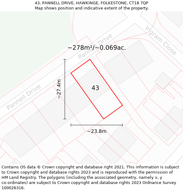 43, PANNELL DRIVE, HAWKINGE, FOLKESTONE, CT18 7QP: Plot and title map