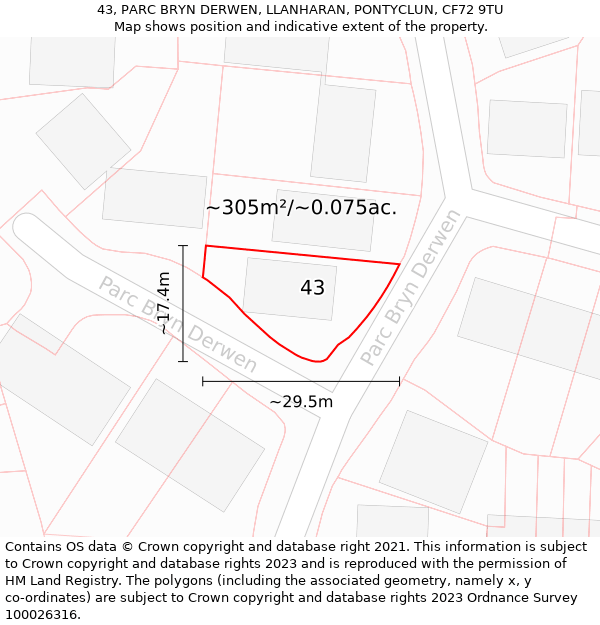 43, PARC BRYN DERWEN, LLANHARAN, PONTYCLUN, CF72 9TU: Plot and title map