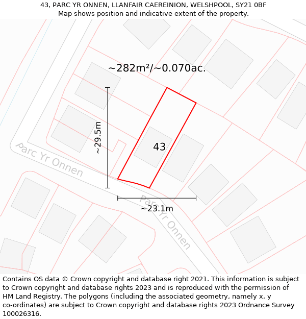 43, PARC YR ONNEN, LLANFAIR CAEREINION, WELSHPOOL, SY21 0BF: Plot and title map