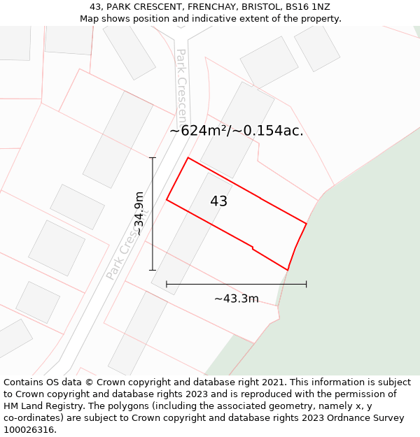 43, PARK CRESCENT, FRENCHAY, BRISTOL, BS16 1NZ: Plot and title map