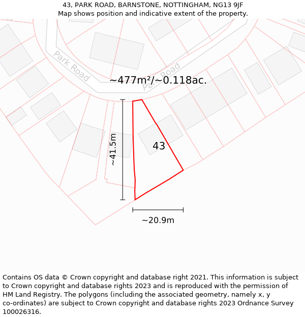 43, PARK ROAD, BARNSTONE, NOTTINGHAM, NG13 9JF: Plot and title map