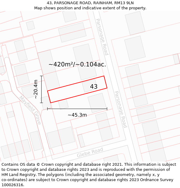 43, PARSONAGE ROAD, RAINHAM, RM13 9LN: Plot and title map