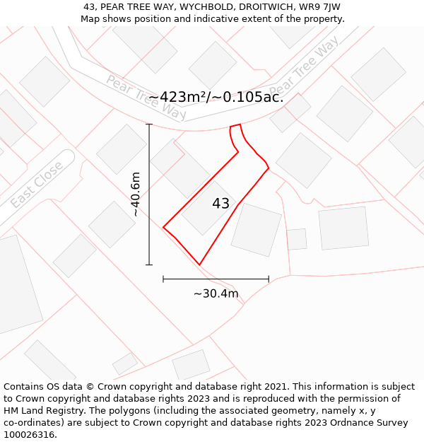 43, PEAR TREE WAY, WYCHBOLD, DROITWICH, WR9 7JW: Plot and title map