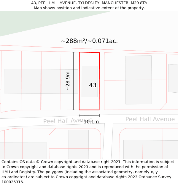 43, PEEL HALL AVENUE, TYLDESLEY, MANCHESTER, M29 8TA: Plot and title map