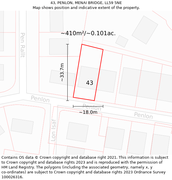 43, PENLON, MENAI BRIDGE, LL59 5NE: Plot and title map