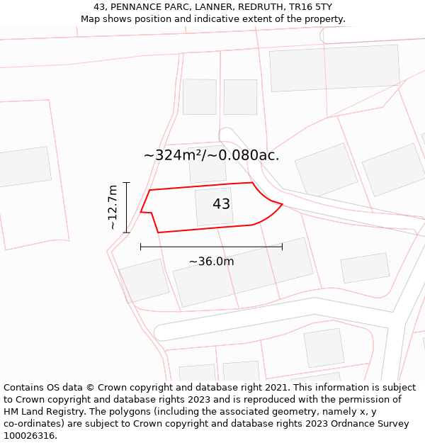 43, PENNANCE PARC, LANNER, REDRUTH, TR16 5TY: Plot and title map