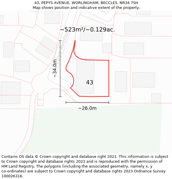 43, PEPYS AVENUE, WORLINGHAM, BECCLES, NR34 7SH: Plot and title map