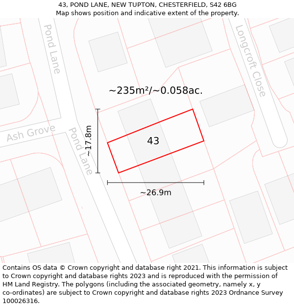 43, POND LANE, NEW TUPTON, CHESTERFIELD, S42 6BG: Plot and title map