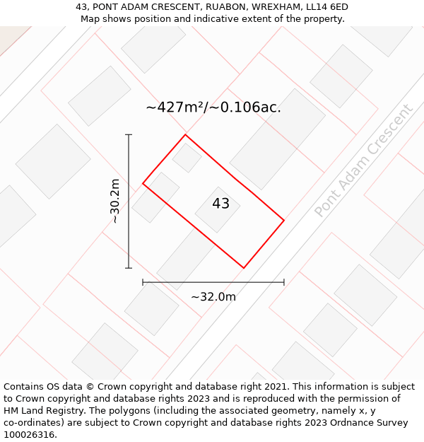 43, PONT ADAM CRESCENT, RUABON, WREXHAM, LL14 6ED: Plot and title map