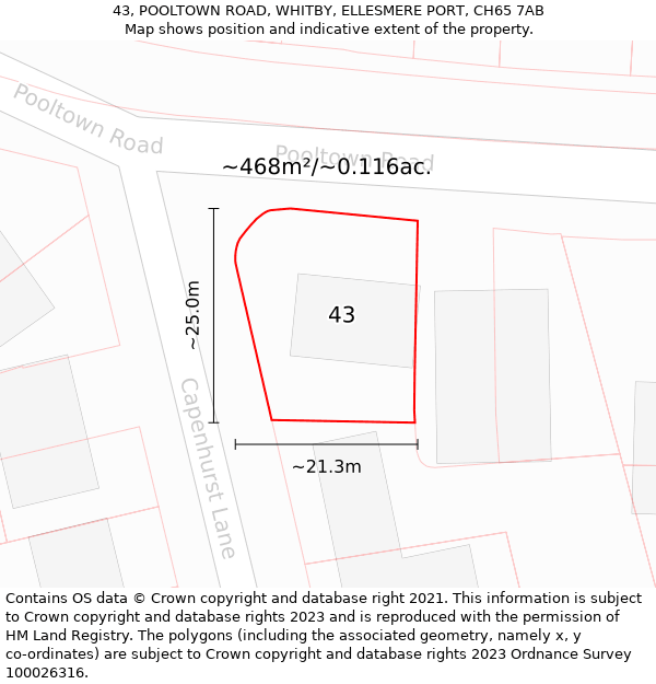 43, POOLTOWN ROAD, WHITBY, ELLESMERE PORT, CH65 7AB: Plot and title map