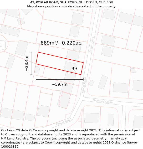 43, POPLAR ROAD, SHALFORD, GUILDFORD, GU4 8DH: Plot and title map