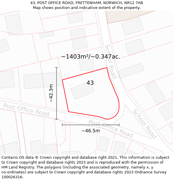 43, POST OFFICE ROAD, FRETTENHAM, NORWICH, NR12 7AB: Plot and title map