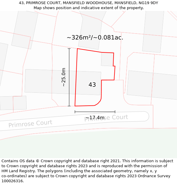 43, PRIMROSE COURT, MANSFIELD WOODHOUSE, MANSFIELD, NG19 9DY: Plot and title map