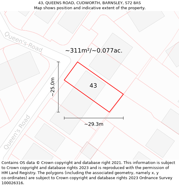 43, QUEENS ROAD, CUDWORTH, BARNSLEY, S72 8AS: Plot and title map