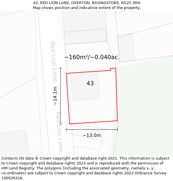 43, RED LION LANE, OVERTON, BASINGSTOKE, RG25 3HH: Plot and title map