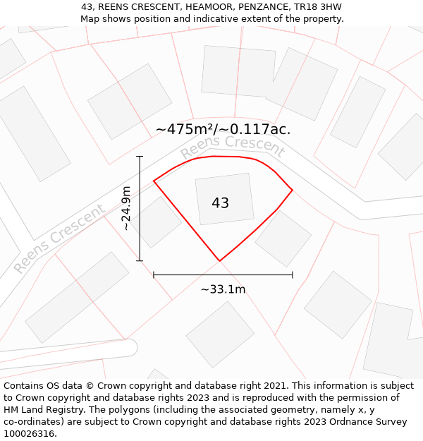 43, REENS CRESCENT, HEAMOOR, PENZANCE, TR18 3HW: Plot and title map