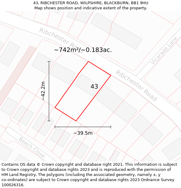 43, RIBCHESTER ROAD, WILPSHIRE, BLACKBURN, BB1 9HU: Plot and title map