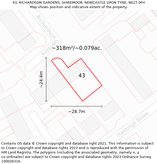 43, RICHARDSON GARDENS, SHIREMOOR, NEWCASTLE UPON TYNE, NE27 0FH: Plot and title map