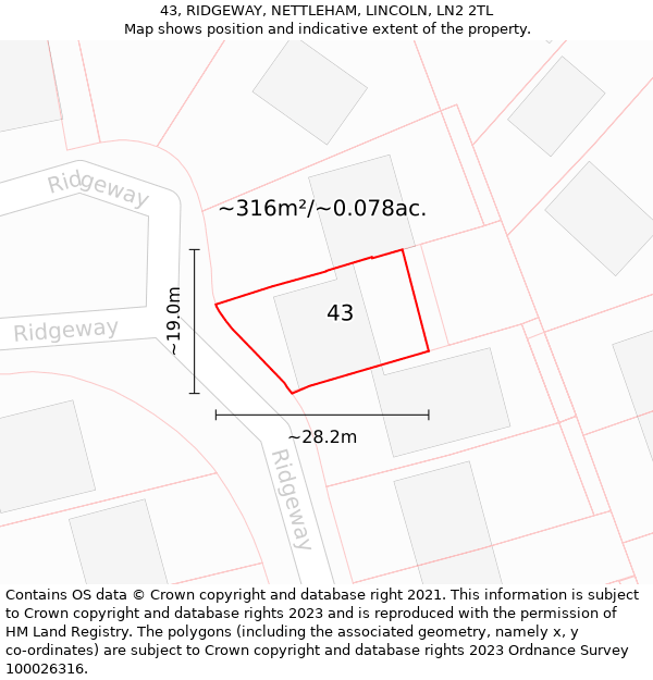 43, RIDGEWAY, NETTLEHAM, LINCOLN, LN2 2TL: Plot and title map