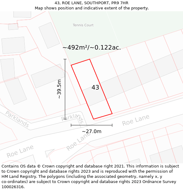 43, ROE LANE, SOUTHPORT, PR9 7HR: Plot and title map