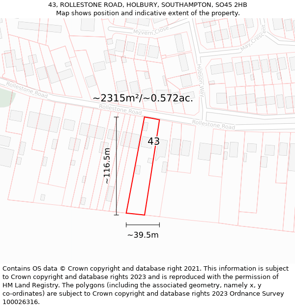 43, ROLLESTONE ROAD, HOLBURY, SOUTHAMPTON, SO45 2HB: Plot and title map