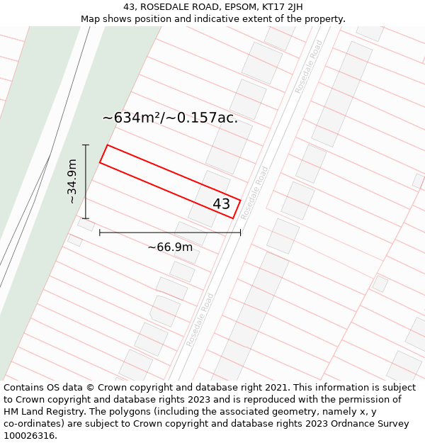 43, ROSEDALE ROAD, EPSOM, KT17 2JH: Plot and title map