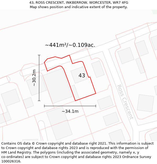 43, ROSS CRESCENT, INKBERROW, WORCESTER, WR7 4FG: Plot and title map